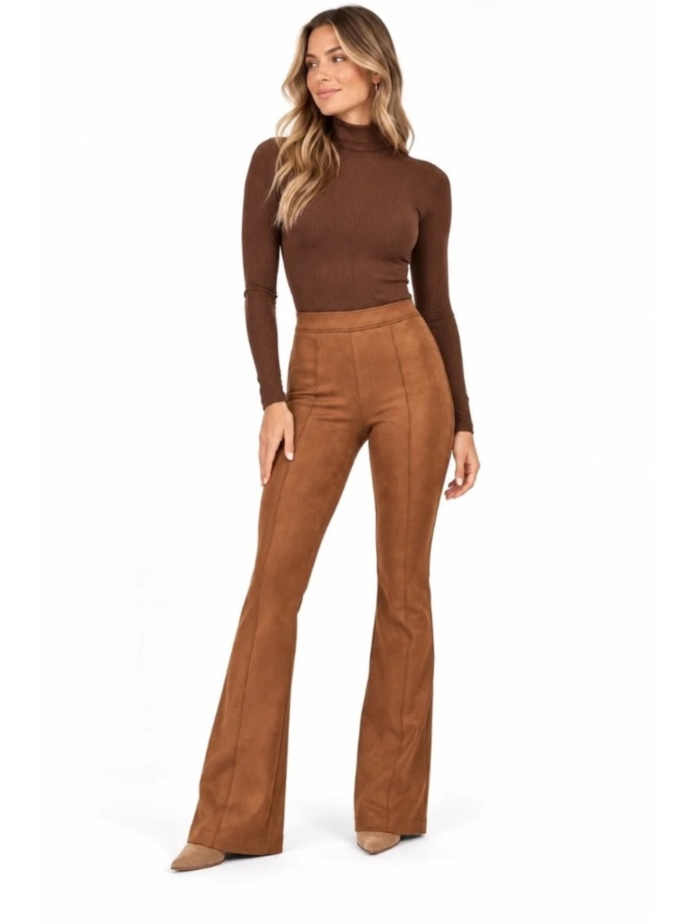 SPANX Faux Suede High Rise Flare Pants Rich Caramel Tan | Size S